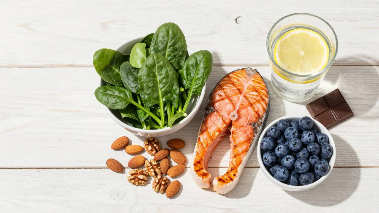 Zdravá potraviny jako losos, ořechy a špenát s vodou s citronem na dřevěném stole.