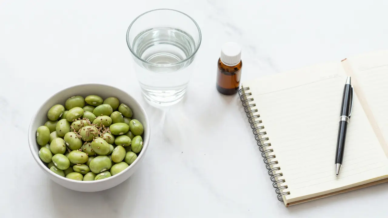 Zdravé jídlo z luštěnin vedle deníku stravy a léku na nadýmání.