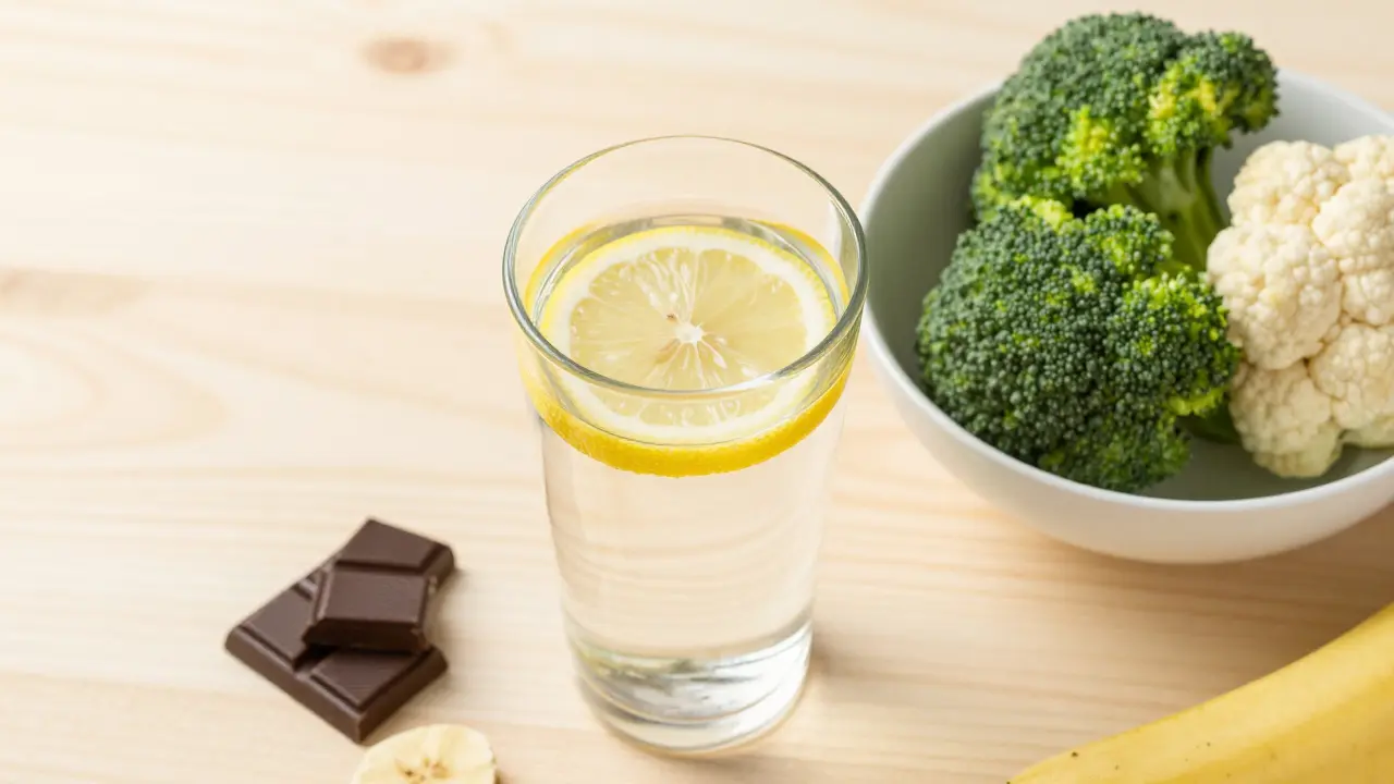 Zdravé potraviny, voda a hořká čokoláda pro podporu organismu po hormonálním šoku.