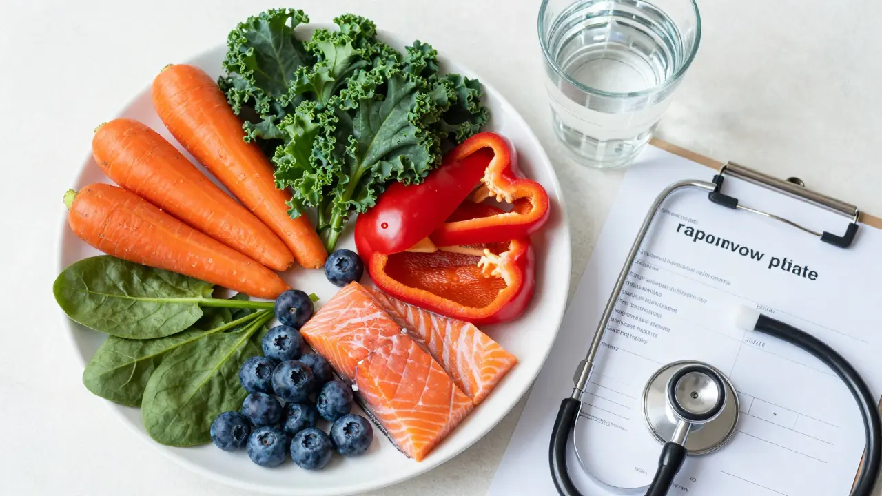 Zdravý talíř s barevnými potravinami, sklenice vody a lékařská zpráva o krevním testu.