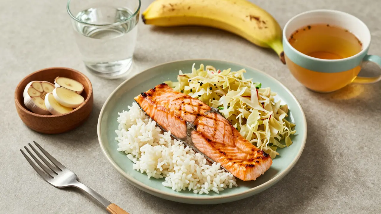 Zdravý talíř s lososem, rýží a kysaným zelím doplněný o banán a česnek.
