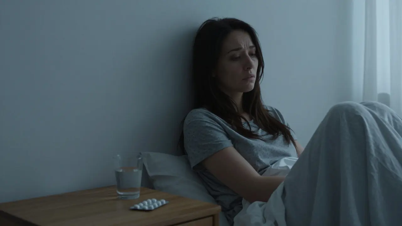 Znepřístupněná žena v tlumeném světle znázornující změny nálady a vyčerpání.