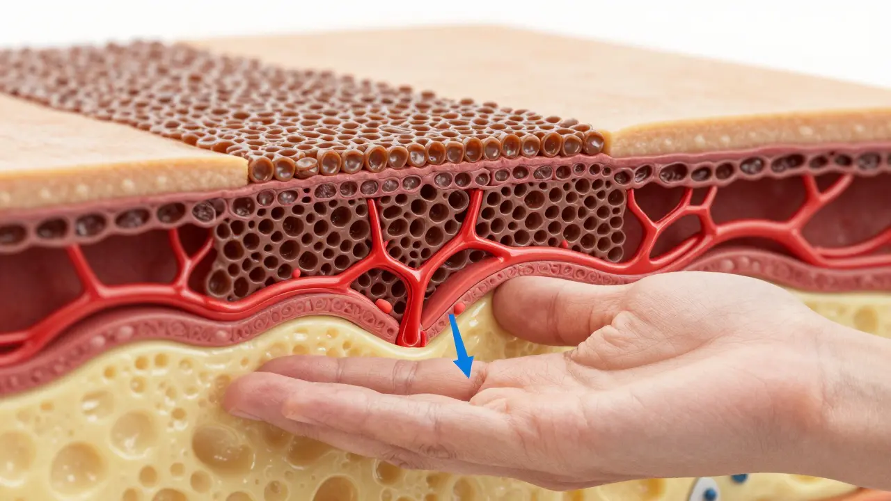 Anatomický průřez vrstvami kůže dlaně ruky