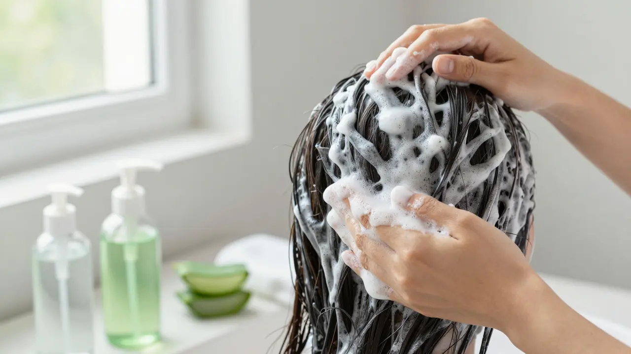 Aplikace hydratační masky na vlhké vlasy s přírodními ingrediencemi