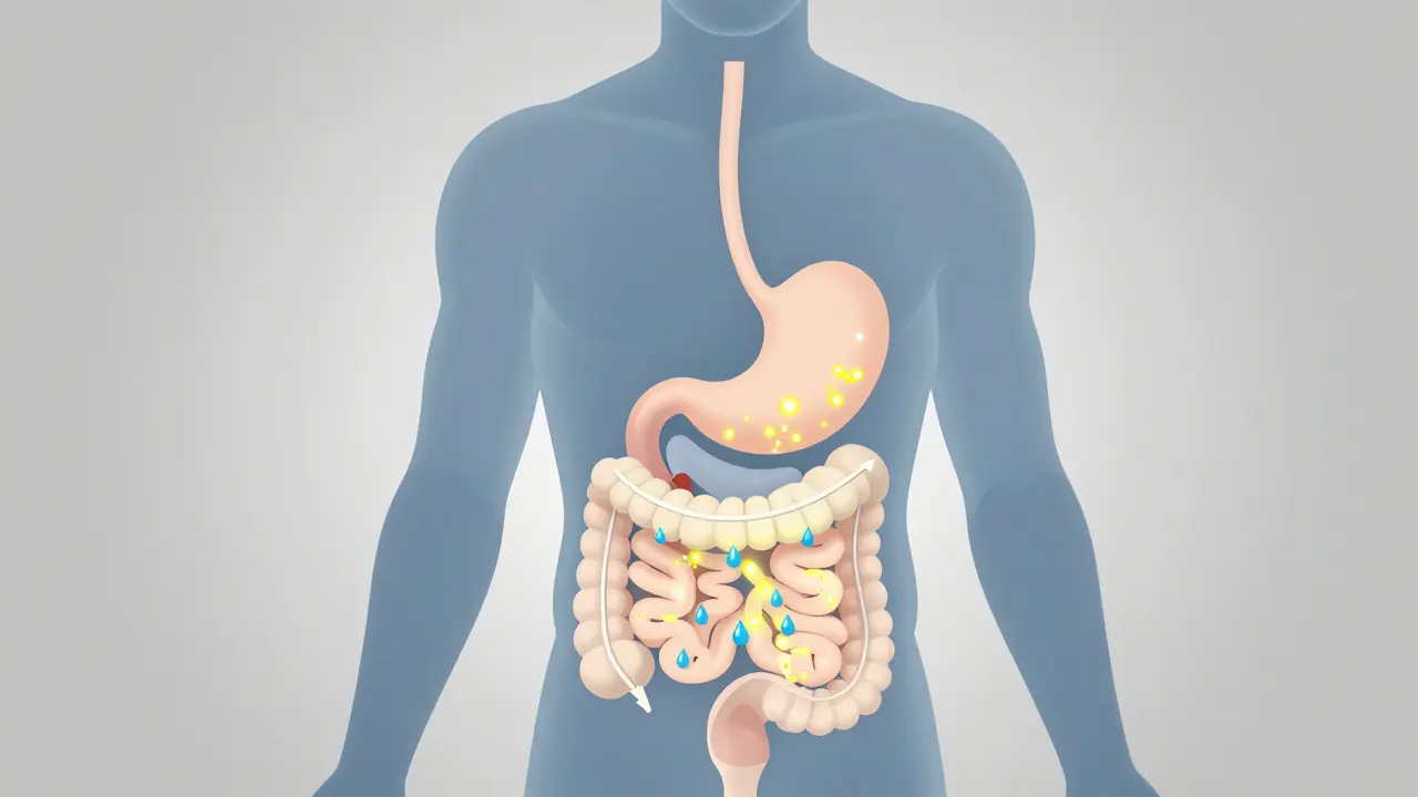 Ilustrace střev ukazující, jak přebytek vitamínu C táhne vodu a způsobuje průjem.