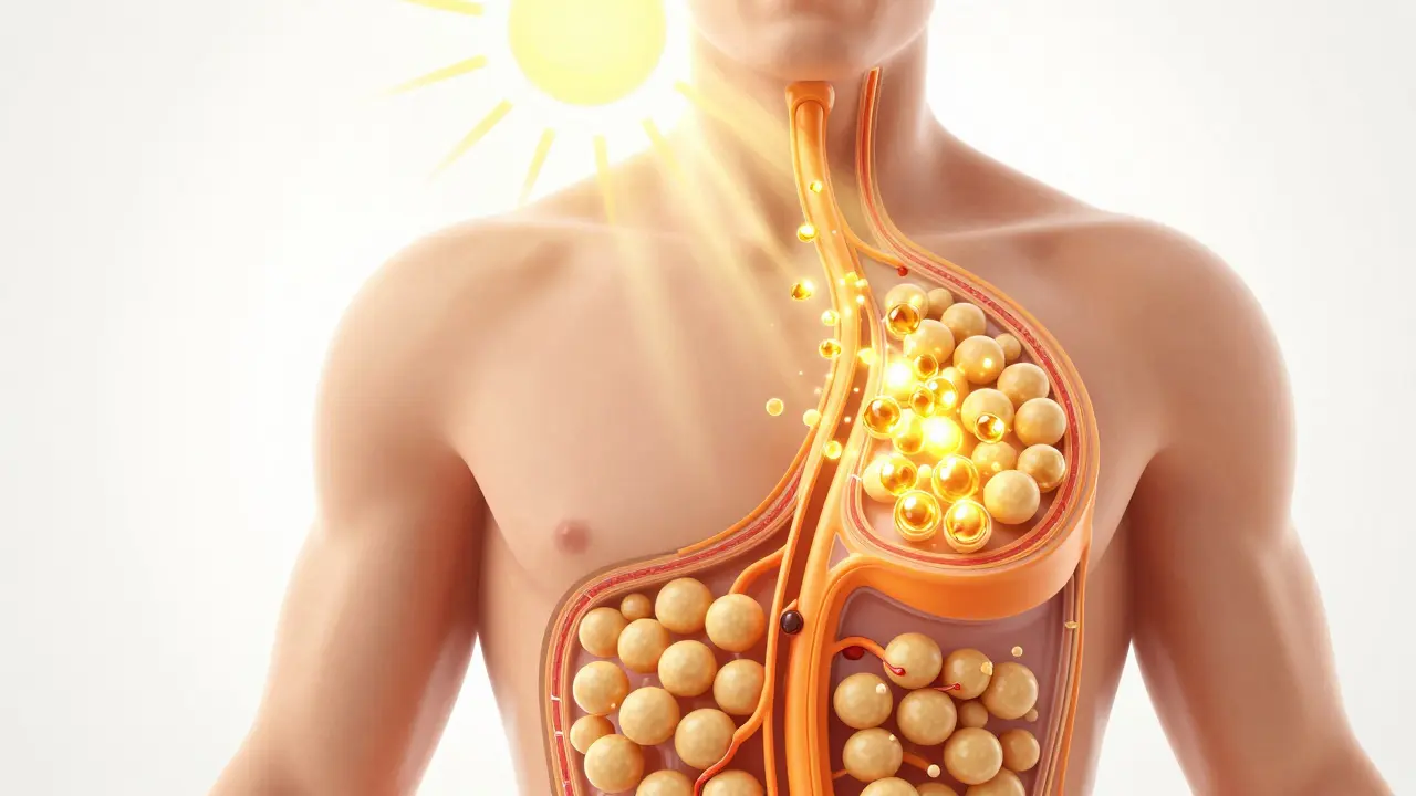 Ilustrace vstřebávání vitamínu D do buněčných mitochondrií pro tvorbu energie