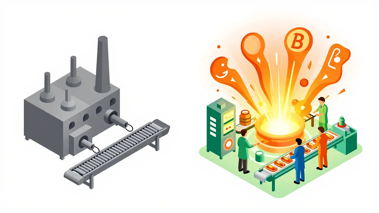 Konceptuální ilustrace metabolismu: šedá továrna versus energická výroba energie.