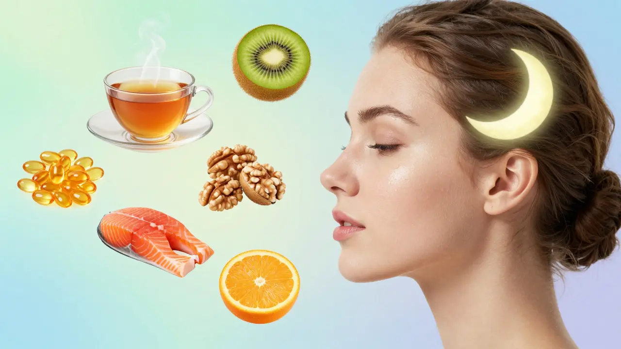 Konceptuální ilustrace zdraví pleti spojeného se spánkem, stravou a vitamíny.