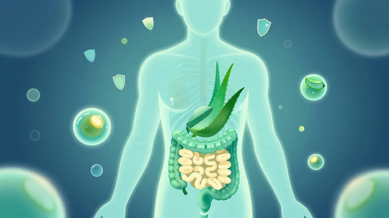 Konceptuální ilustrace zdraví trávení a imunity pomocí aloe vera