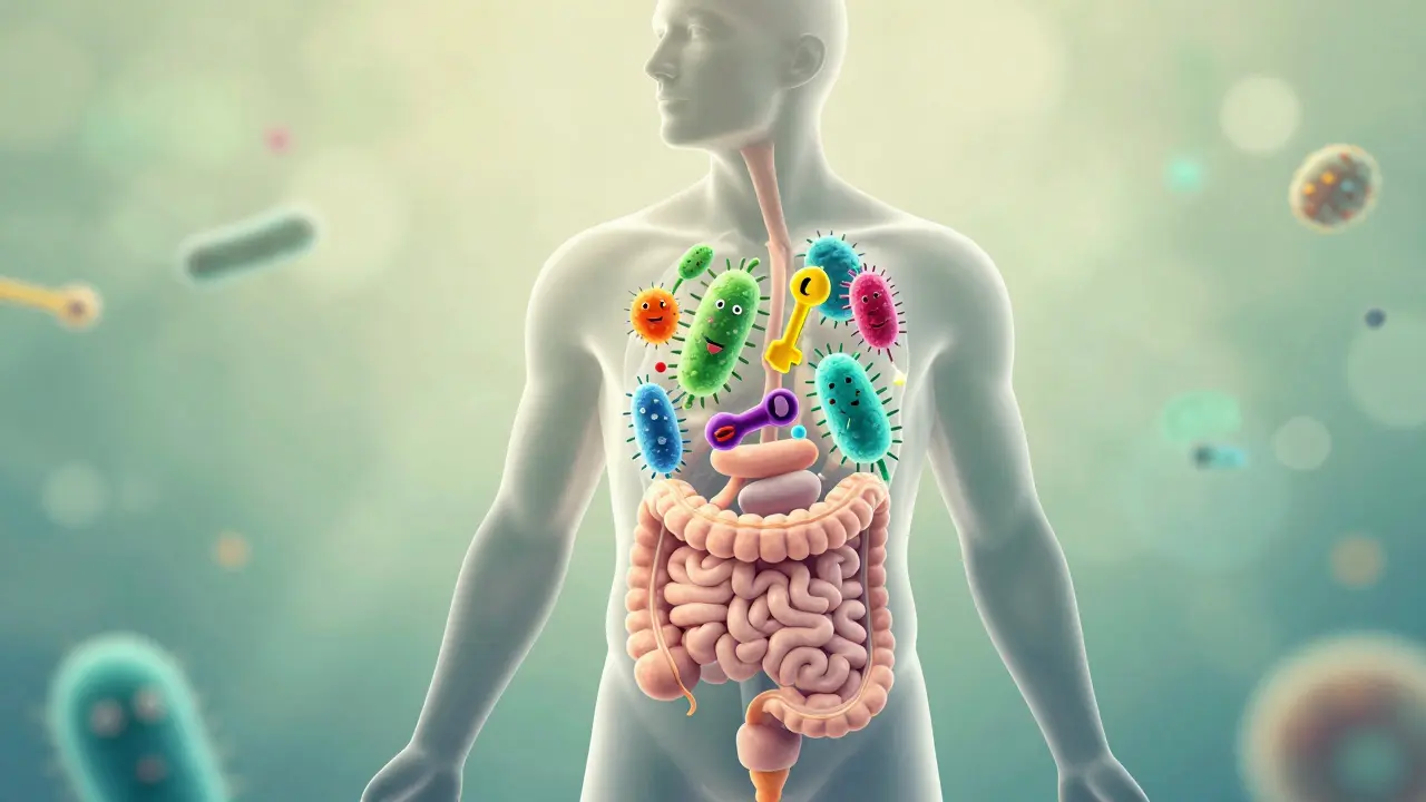 Konceptuální umění zobrazující střevní mikrobiom a hormonální rovnováhu v těle.