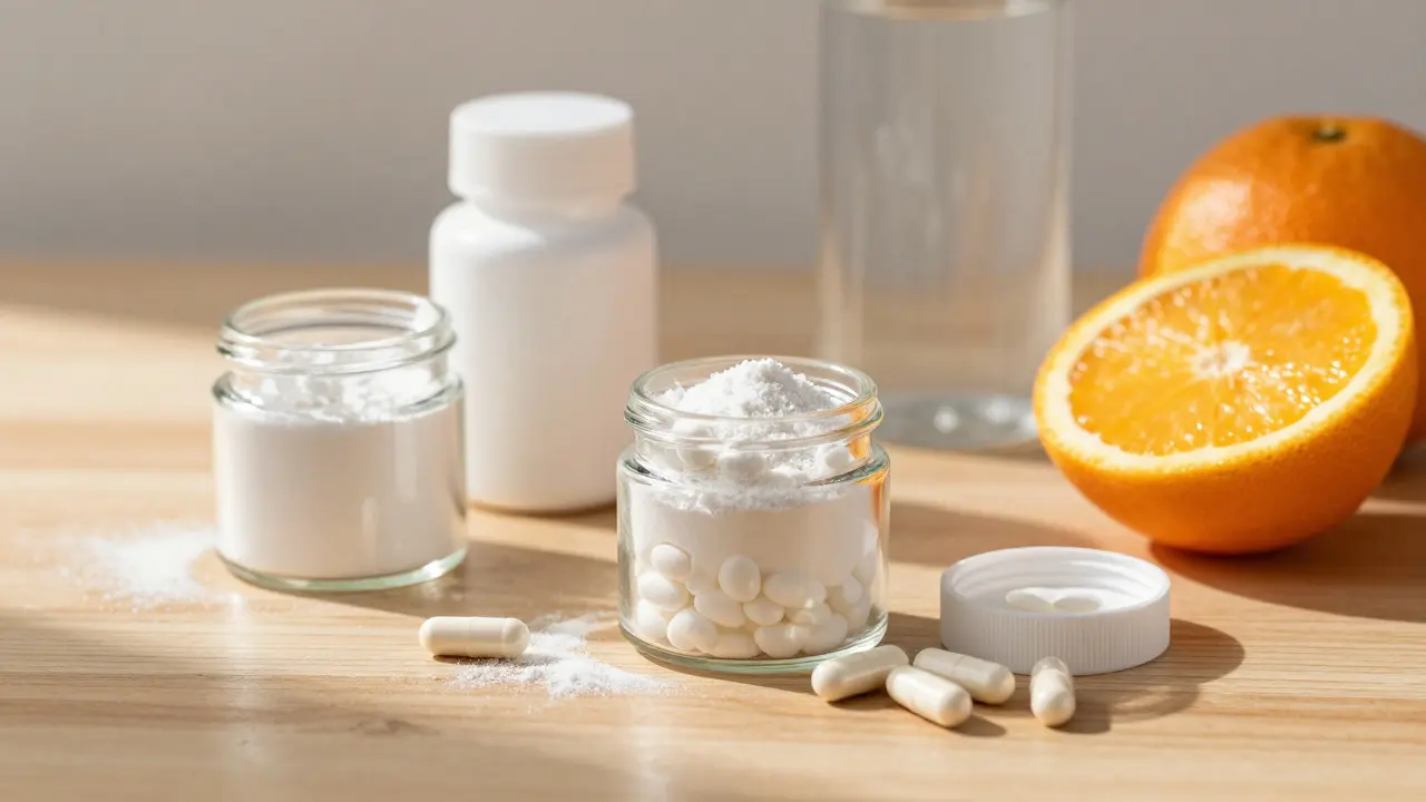 Přirozené doplňky stravy jako kolagen a vitamíny na dřevěném stole