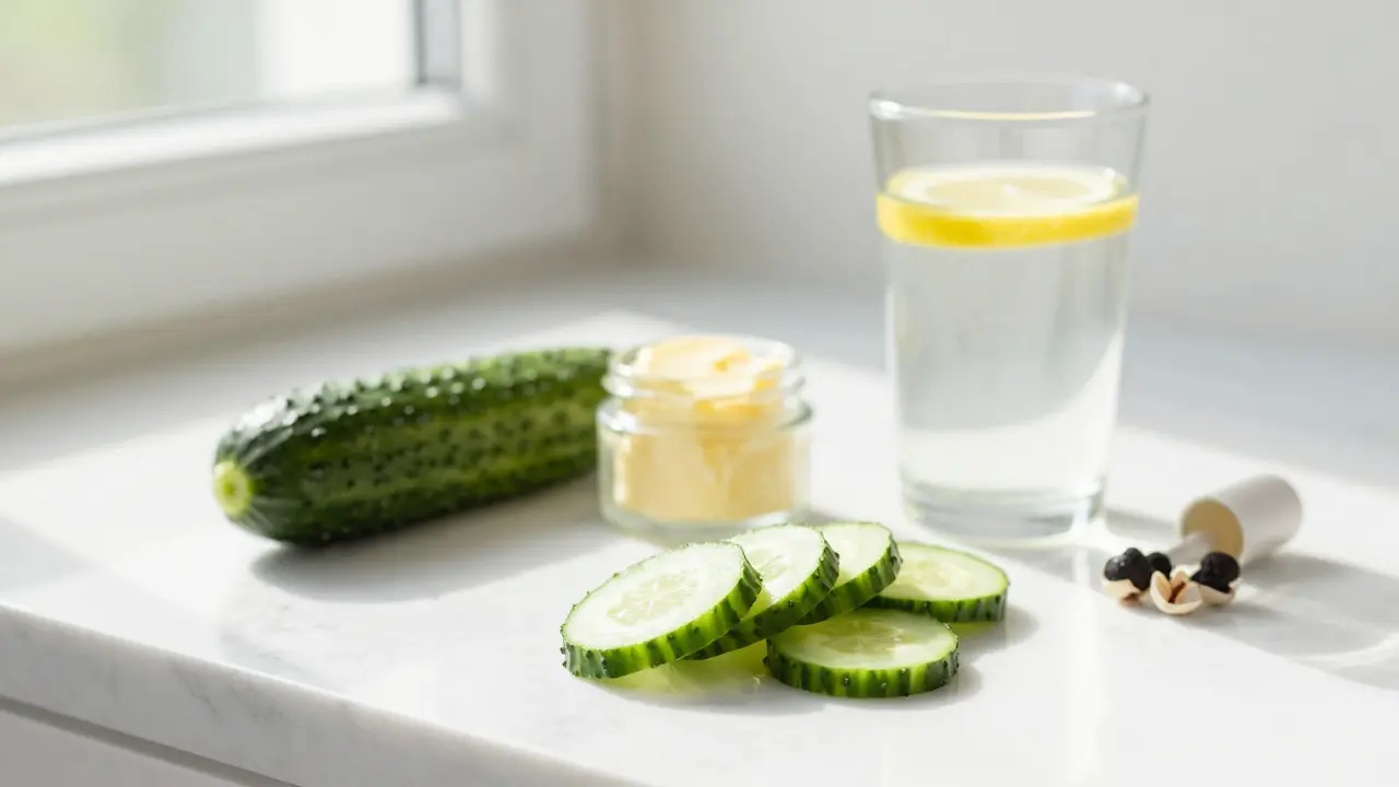 Svěží ingredience pro hydrataci a detoxikaci na mramorovém pultu ve světlém interiéru.