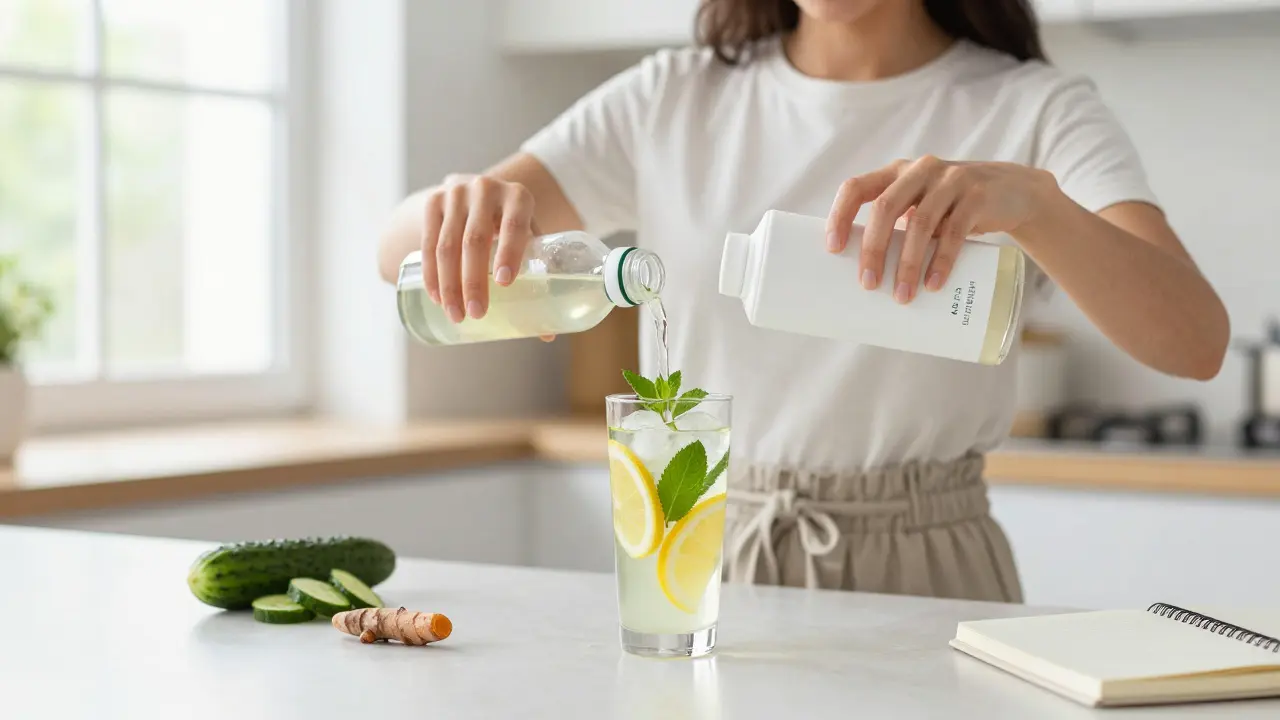 Žena míchá nápoj z aloe vera s citronem a mátou v kuchyni