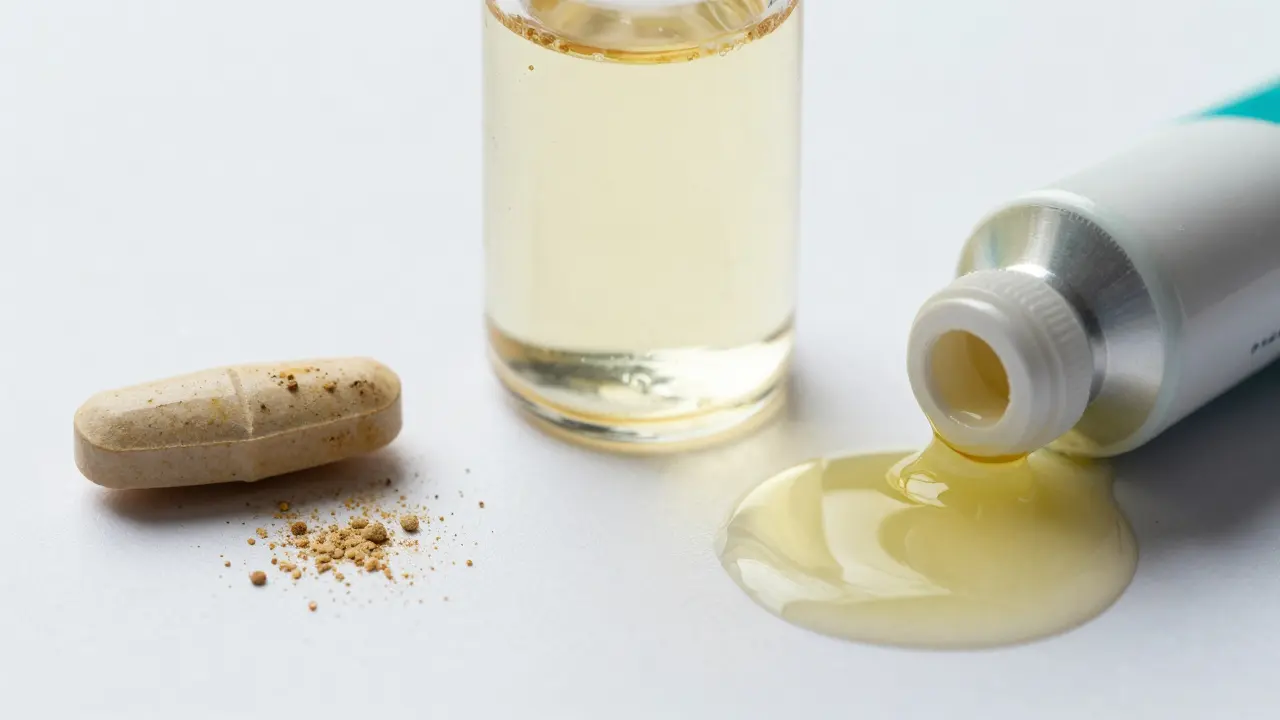 Zkažené tablety, sirup a mast ukazující chemický rozklad