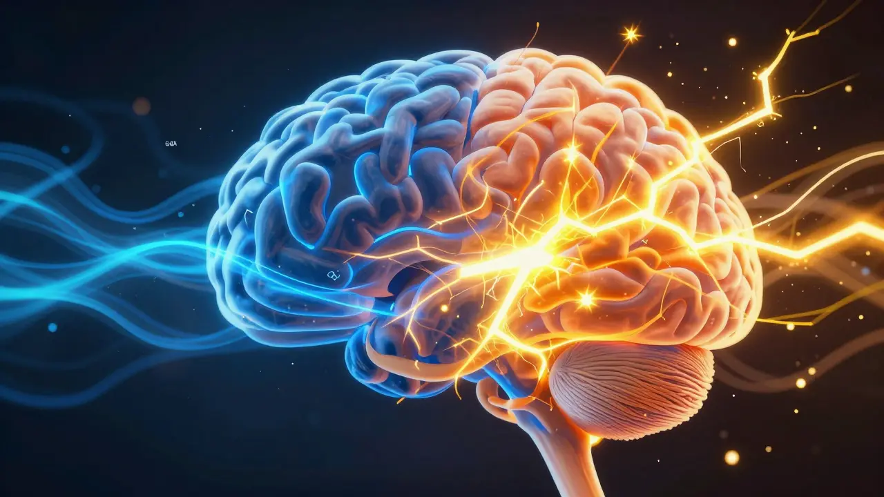 Abstraktní ilustrace nerovnováhy neurotransmiterů v mozku