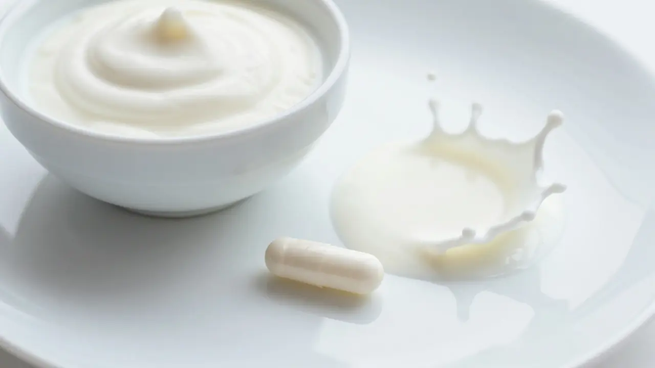 Antibiotikum vedle jogurtu a mléka na talíři