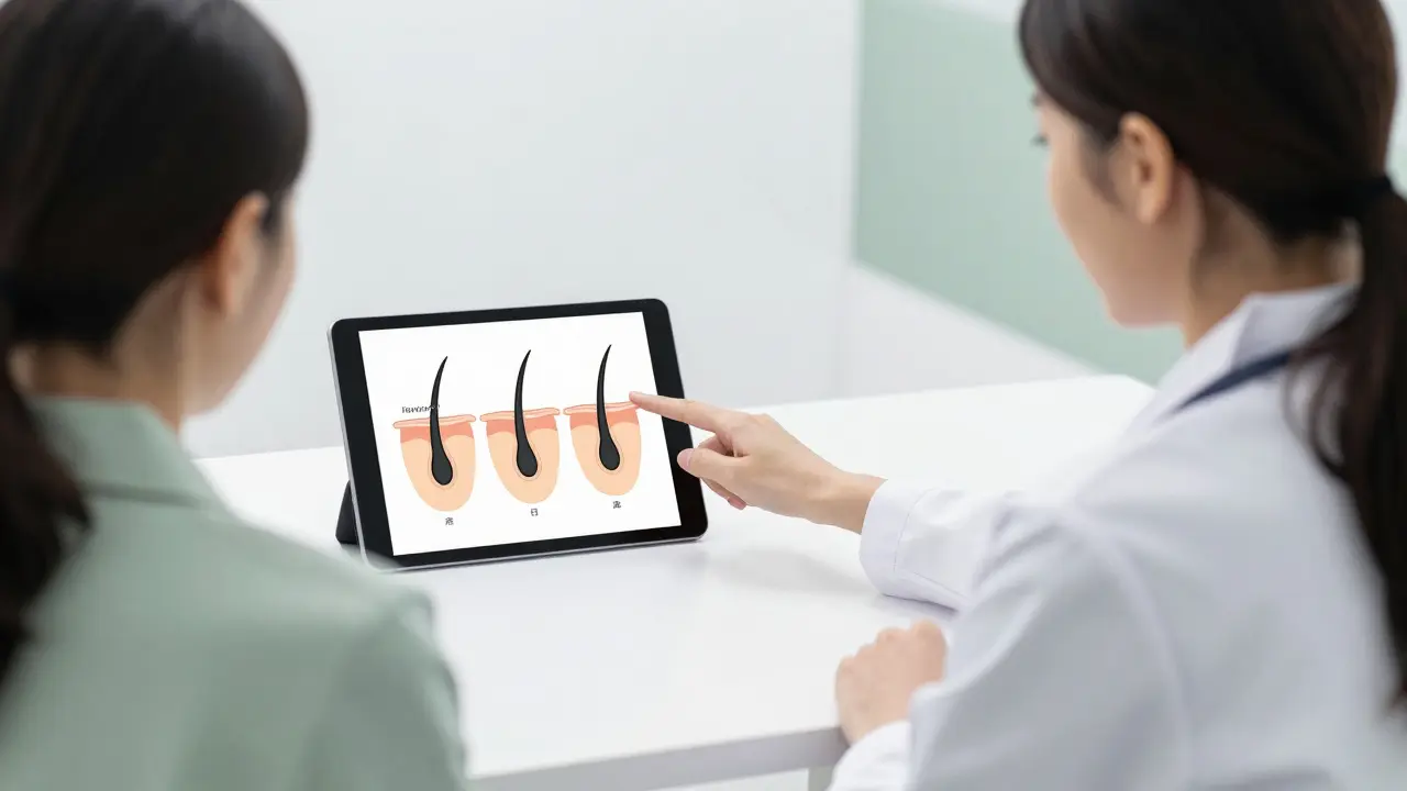 Dermatolog vysvětluje pacientce příčiny vypadávání vlasů