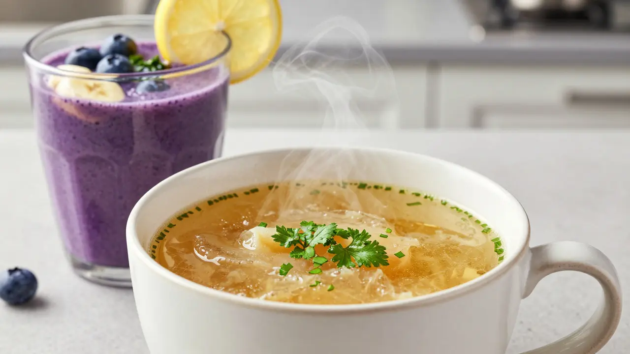 Horký kostní vývar v hrnku a borůvkové smoothie s citronem na kuchyňském pultu