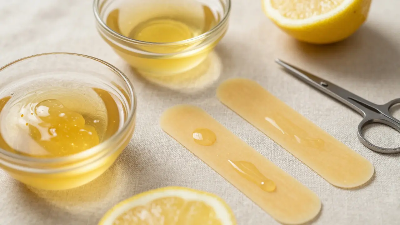 Ingredience pro sugaring a voskování na lněné látce s teplým osvětlením