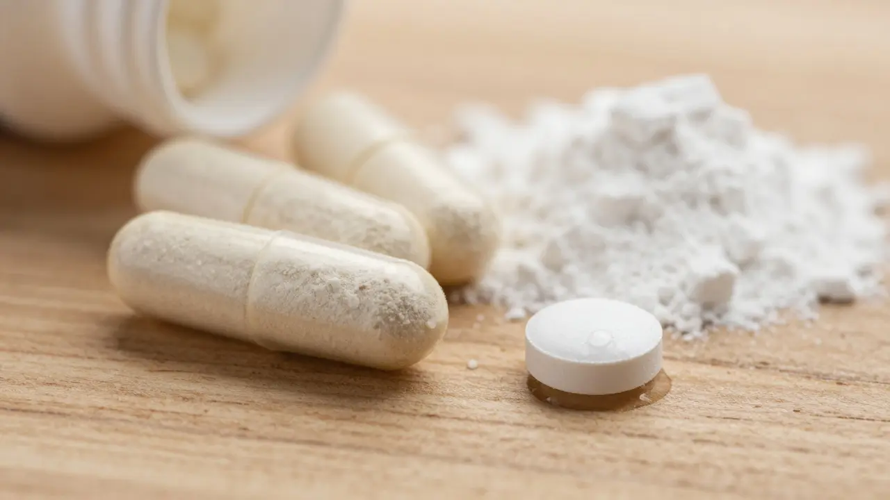Makro záběr kapslí, prášku a tablet doplňků stravy na dřevěném povrchu