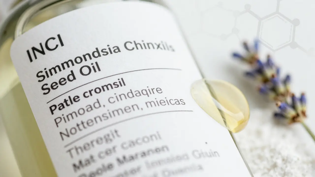 Makro záběr na seznam ingrediencí s rostlinnými oleji a chemickými strukturami.