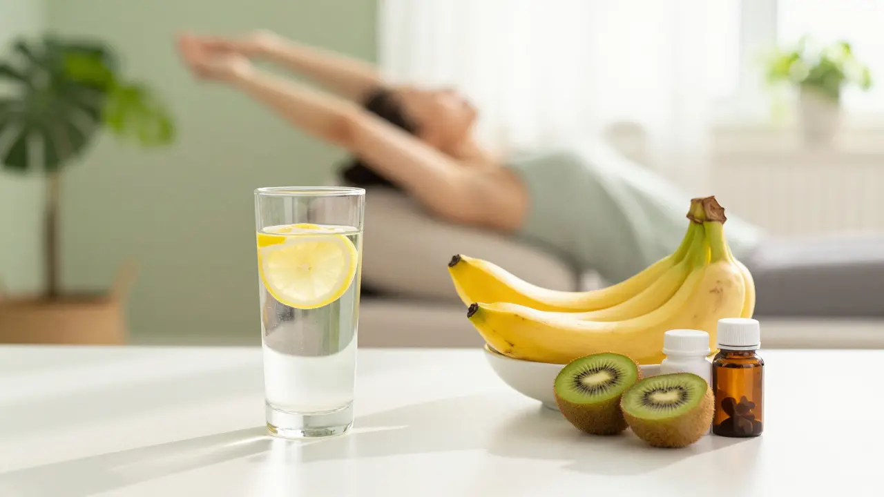Stůl s vodou, ovocem a vitamíny pro detoxikaci