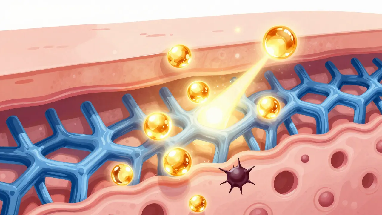 Umělecká ilustrace účinku vitaminu C na buněčné úrovni v kůži