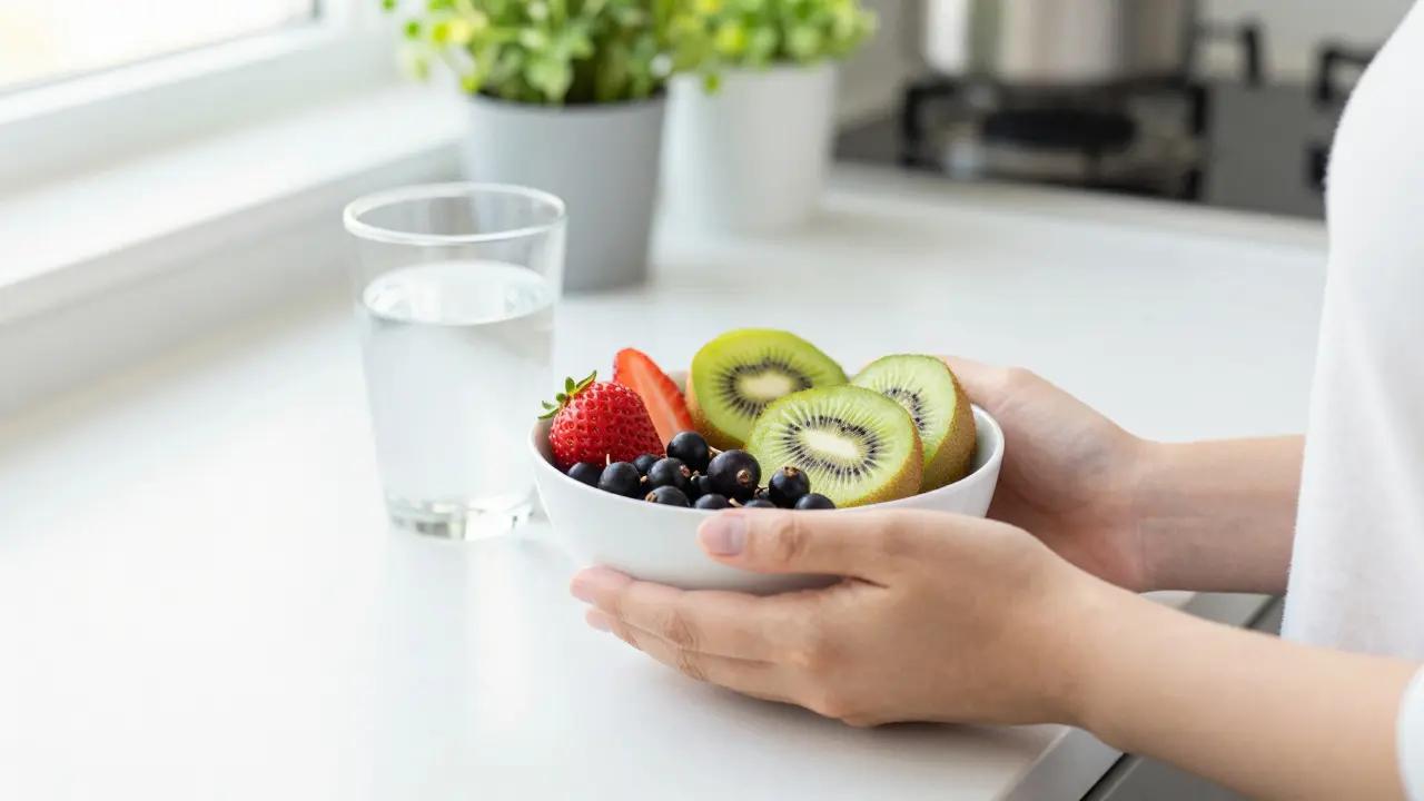 Žena připravuje zdravou snídani s ovocem plným vitamínu C