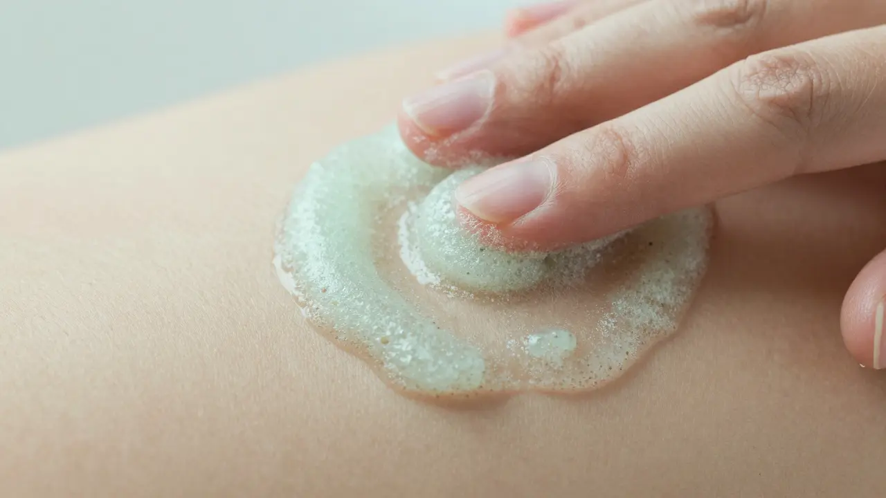 Detail ruky aplikující tělový peeling na kůži