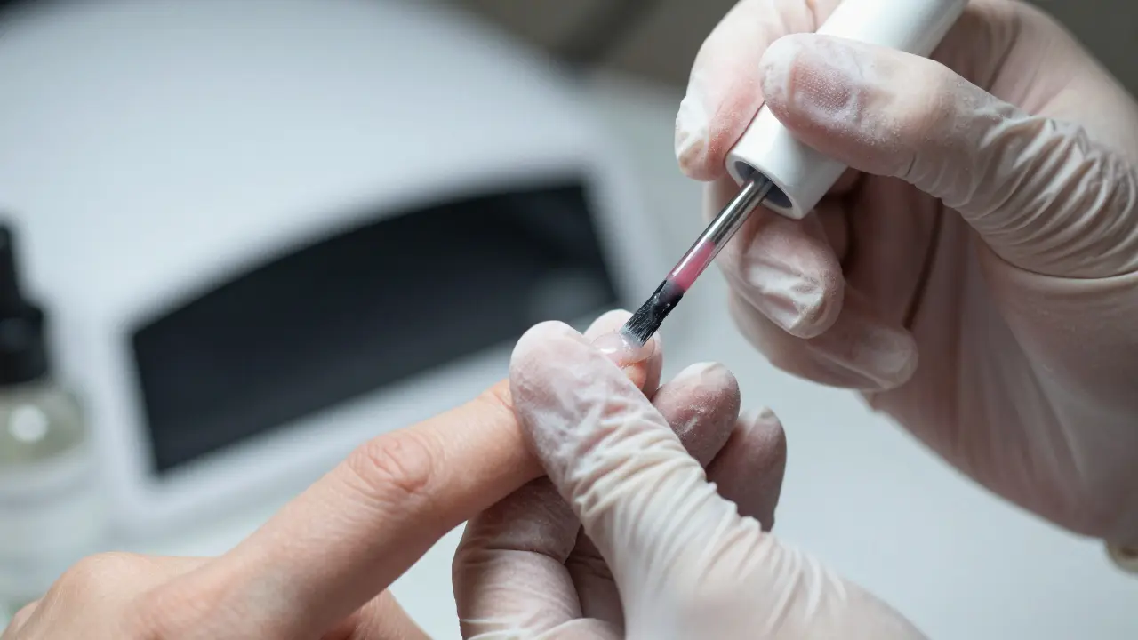 Detailní záběr aplikace gelu na nehet s profesionálními nástroji