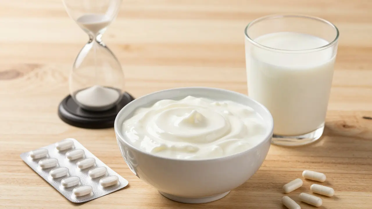 Jogurt a mléko vedle antibiotik pro ilustraci časového odstupu