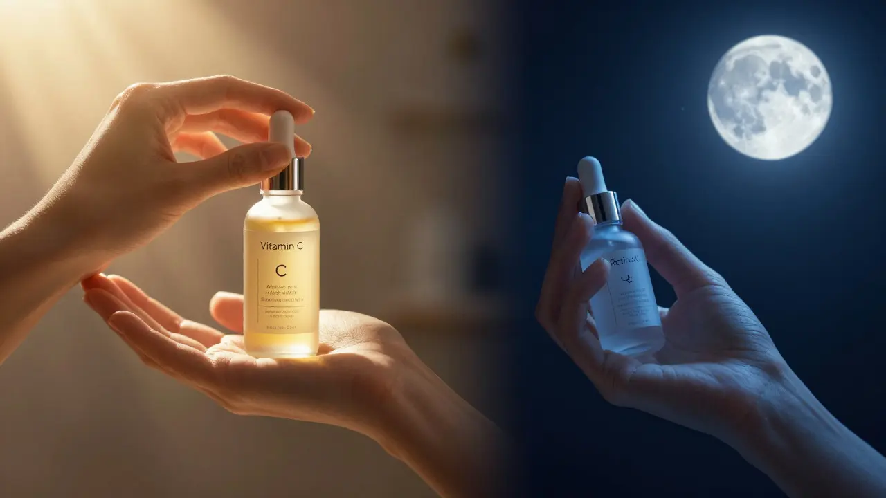 Kontrastní scéna ranního vitaminu C a večerního retinolu