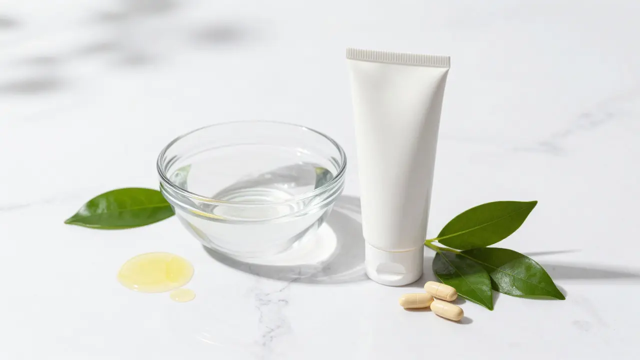 Premium hair serum bottle with natural ingredients on marble