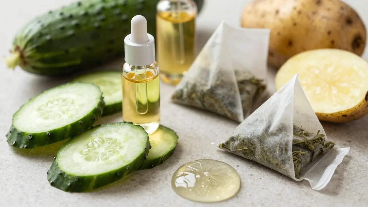 Přírodní ingredience jako okurka a čaj vedle pleťových séer proti otokům