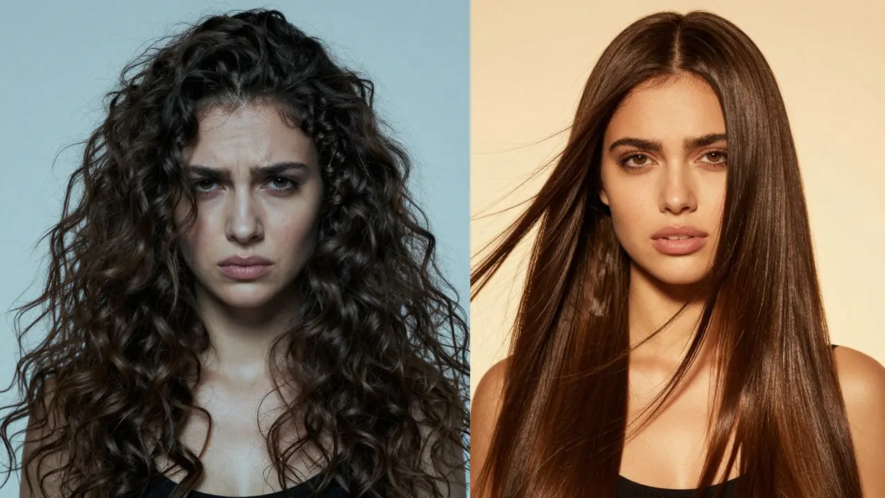 Woman with frizzy hair transformed into sleek, shiny hair