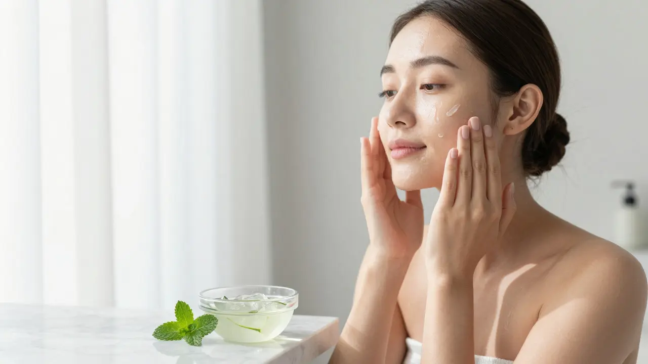 Žena aplikující gel z aloe vera na pleť v jasně osvětlené koupelně