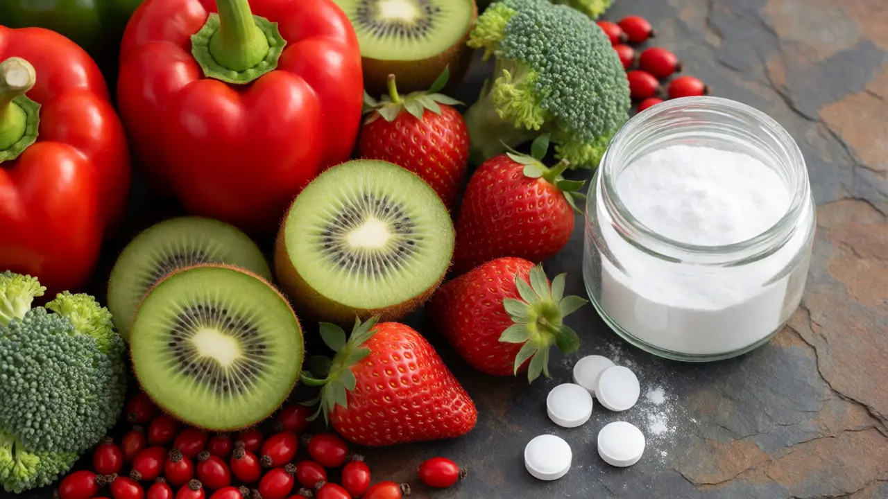 Čerstvé ovoce a zelenina bohaté na vitamín C vedle pilulek