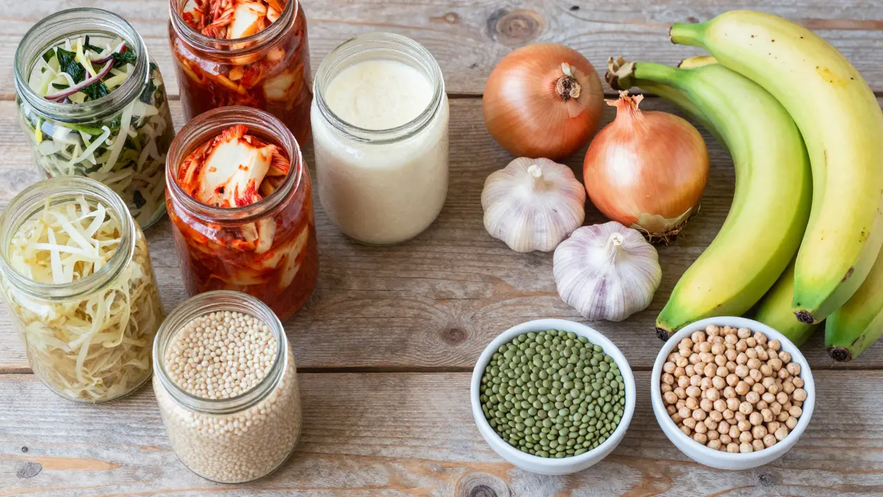 Fermentované potraviny a prebiotické suroviny na stole