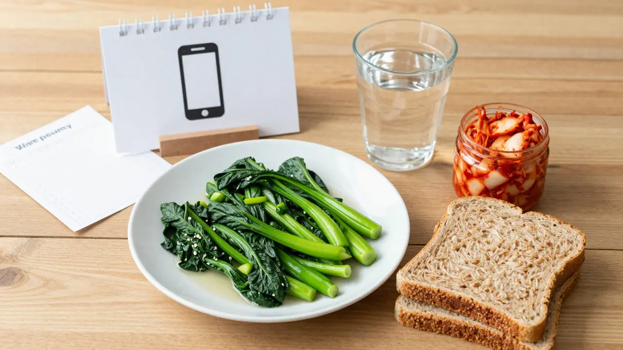 Healthy meal with vegetables, water, and fermented food