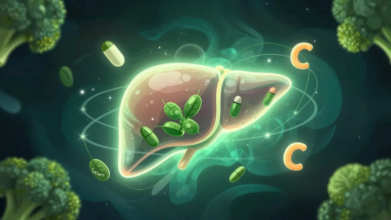Ilustrace jater obklopená antioxidanty a zeleninou symbolizující detoxikaci