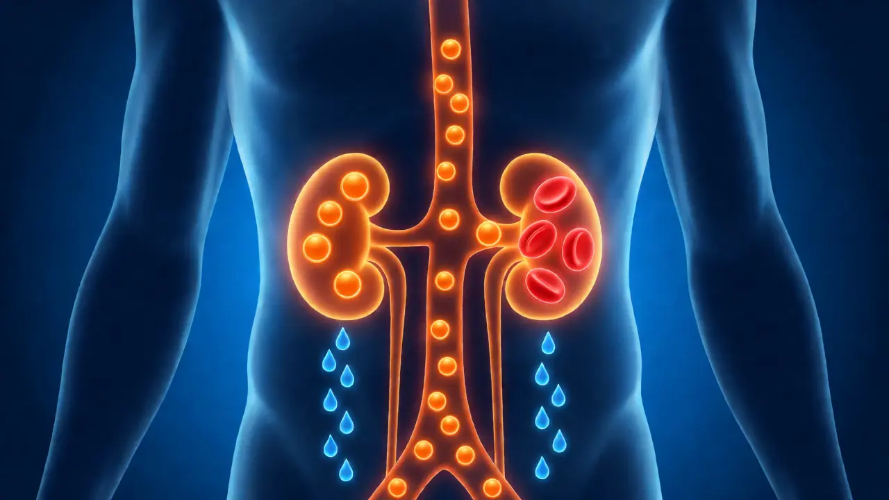 Ilustrace metabolismu vitamínu C v těle s ledvinami