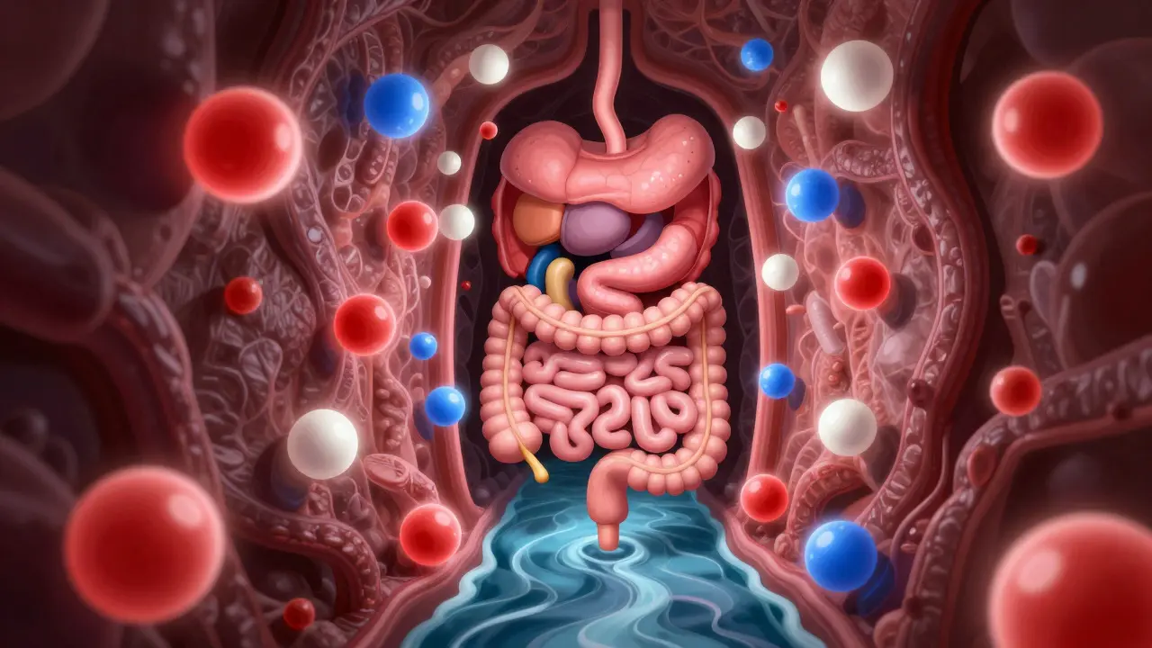 Ilustrace soutěže vitamínů o vstup do krevního oběhu ve střevech