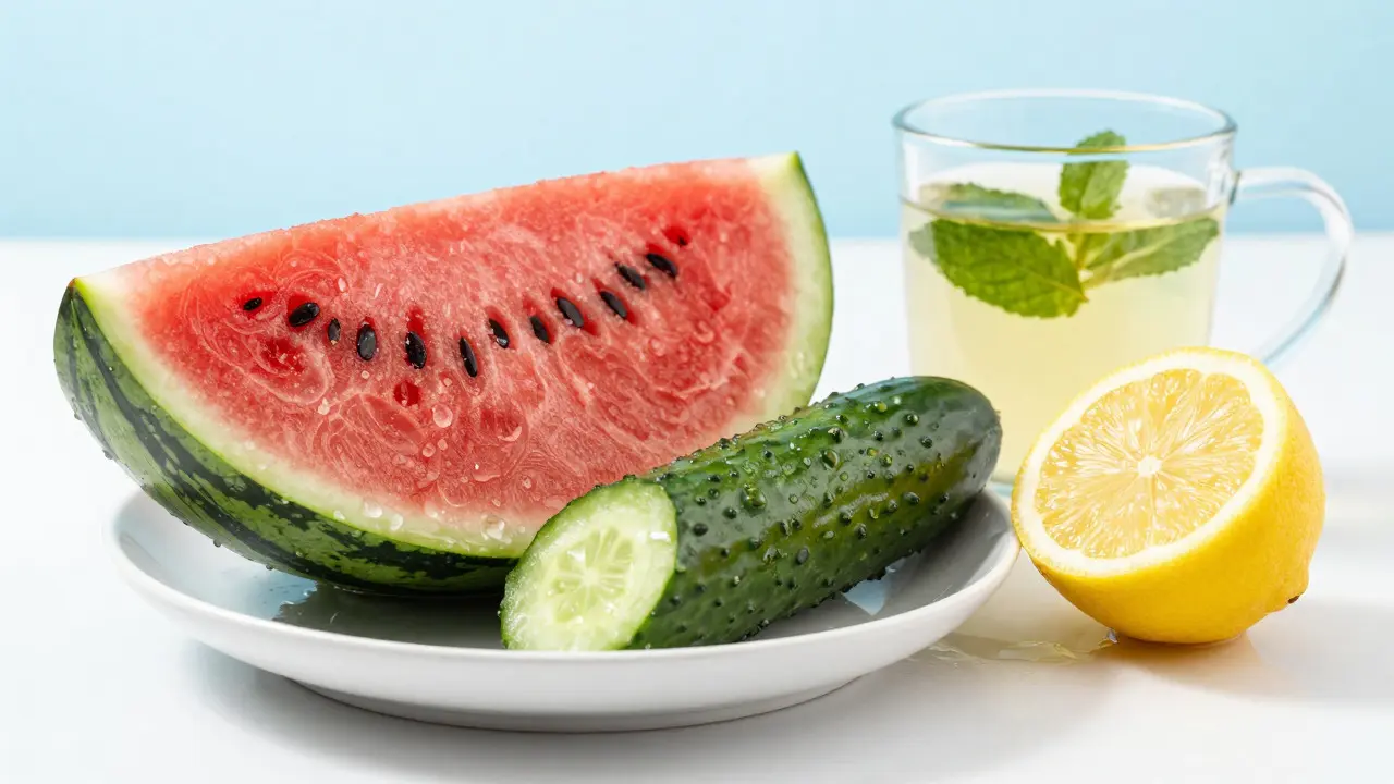 Krajice vodmelonu, okurka a citron na bílém talíři s kapkami vody