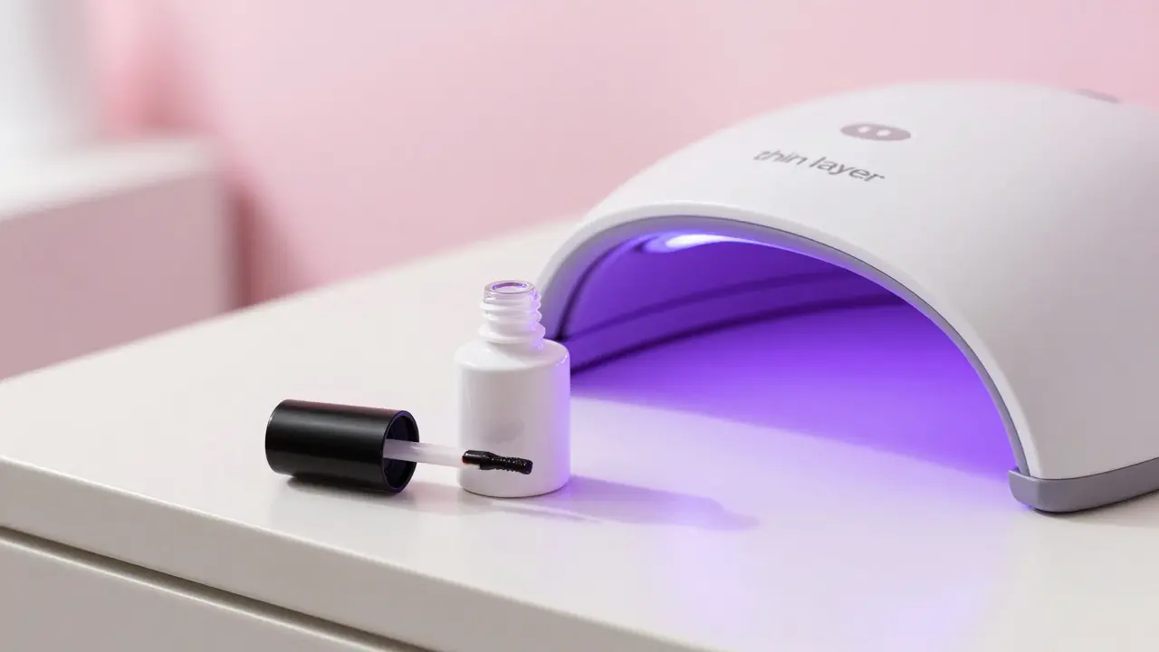 Nanášení báze a sušení v UV lampě pro domácí manikúru