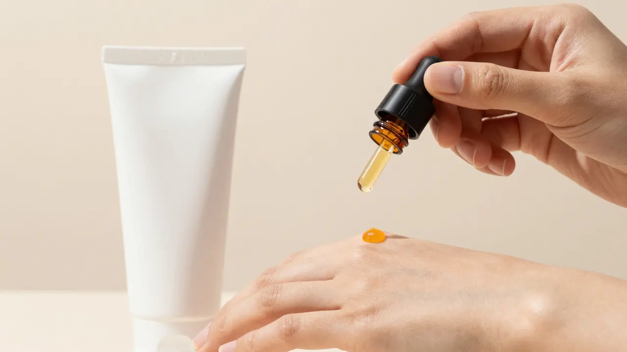 Ruka drží lahvičku s vitamínem C a krémem vedle sebe