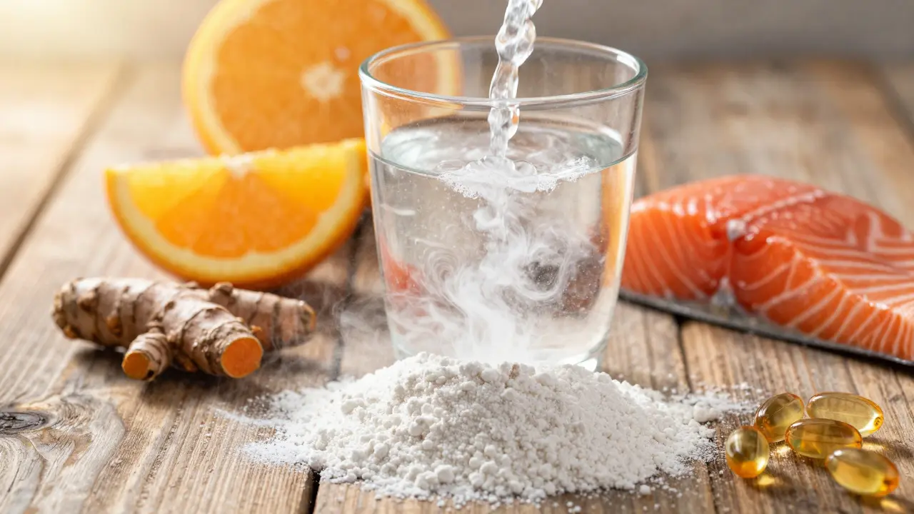 Rybí kolagenový prášek s vitaminem C a kurkumou na stole