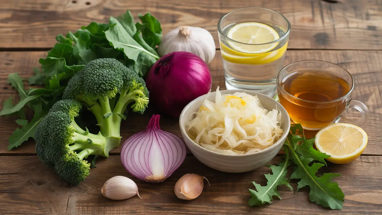 Čerstvé detoxikační potraviny na dřevěném stole