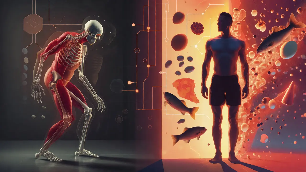 Conceptual comparison of starvation mode losing muscle vs. healthy metabolism preserving it.