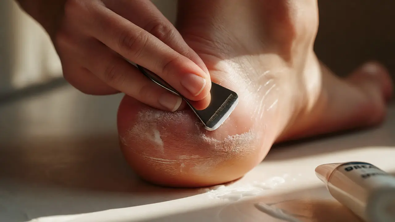 Detailní záběr na ošetření paty pedikérským nástrojem