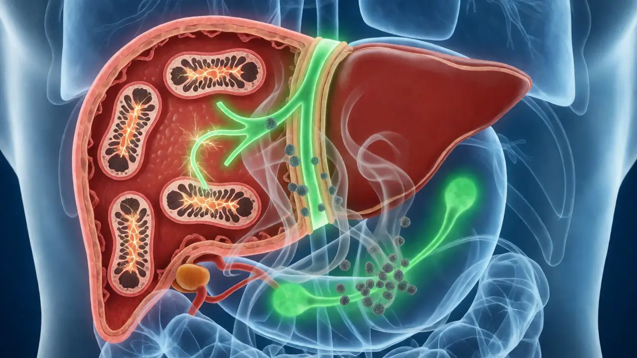Konceptuální ilustrace jater a mitochondrií při detoxikaci